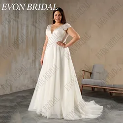 EVON BRIDAL Customized Plus Size Wedding Dress 2025 Bride Cap Sleeve V Neck Applique Sweep Train Lace Bridal Gown Robe Mariee
