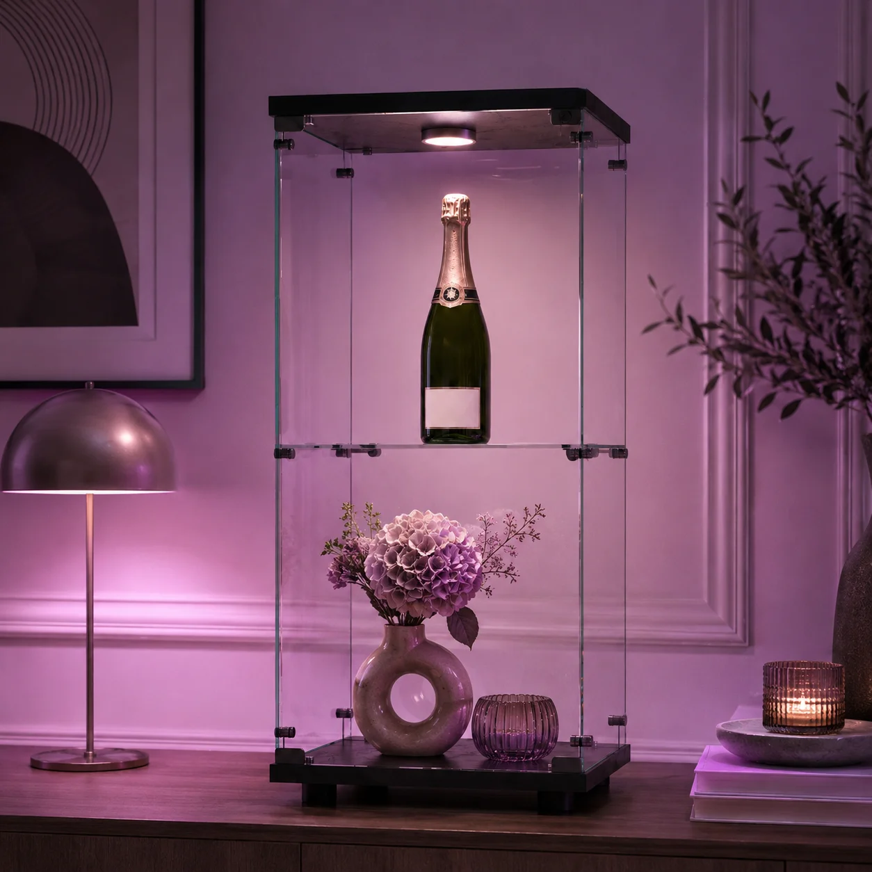 Vitrine en verre avec LED et serrure, armoire vitrée 40,3 x 36,5 x 86,2 cm, meuble vitrine 2 niveaux, vitrine compacte pour salon, bureau, figurines, livres et objets de collection, blanc/noir