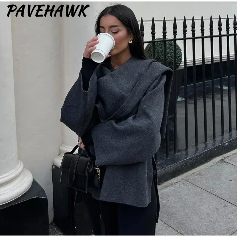 Women Asymmetric Scarf Knitted Jackets Elegant Solid Long Sleeve Loose Short Coat Autumn Winter Grey Elegant Lady Outerwear