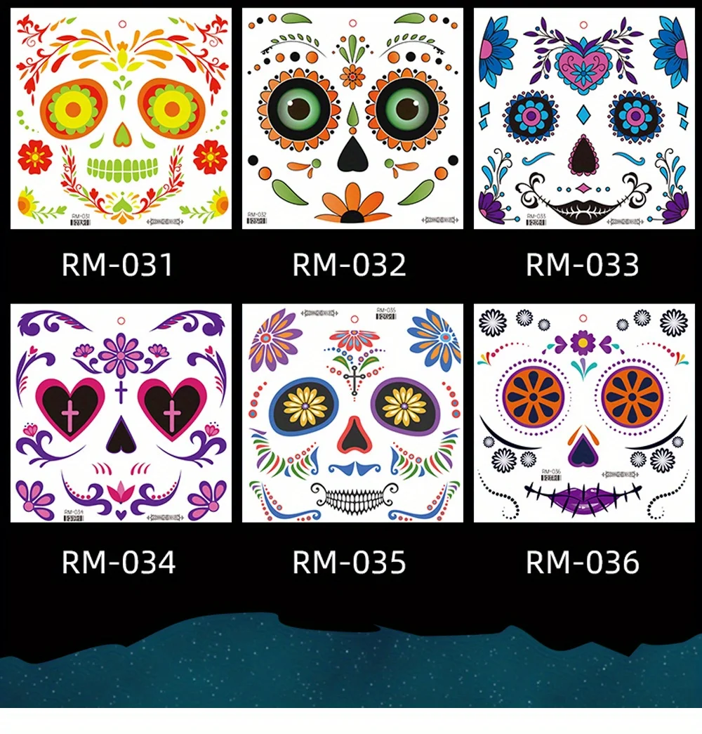Halloween Temporäre Tattoos Aufkleber Tag der Toten La Catrina Gesicht Tattoos Schädel Wasserdichte Tattoos Aufkleber Party Make-Up Aufkleber – Detail 4