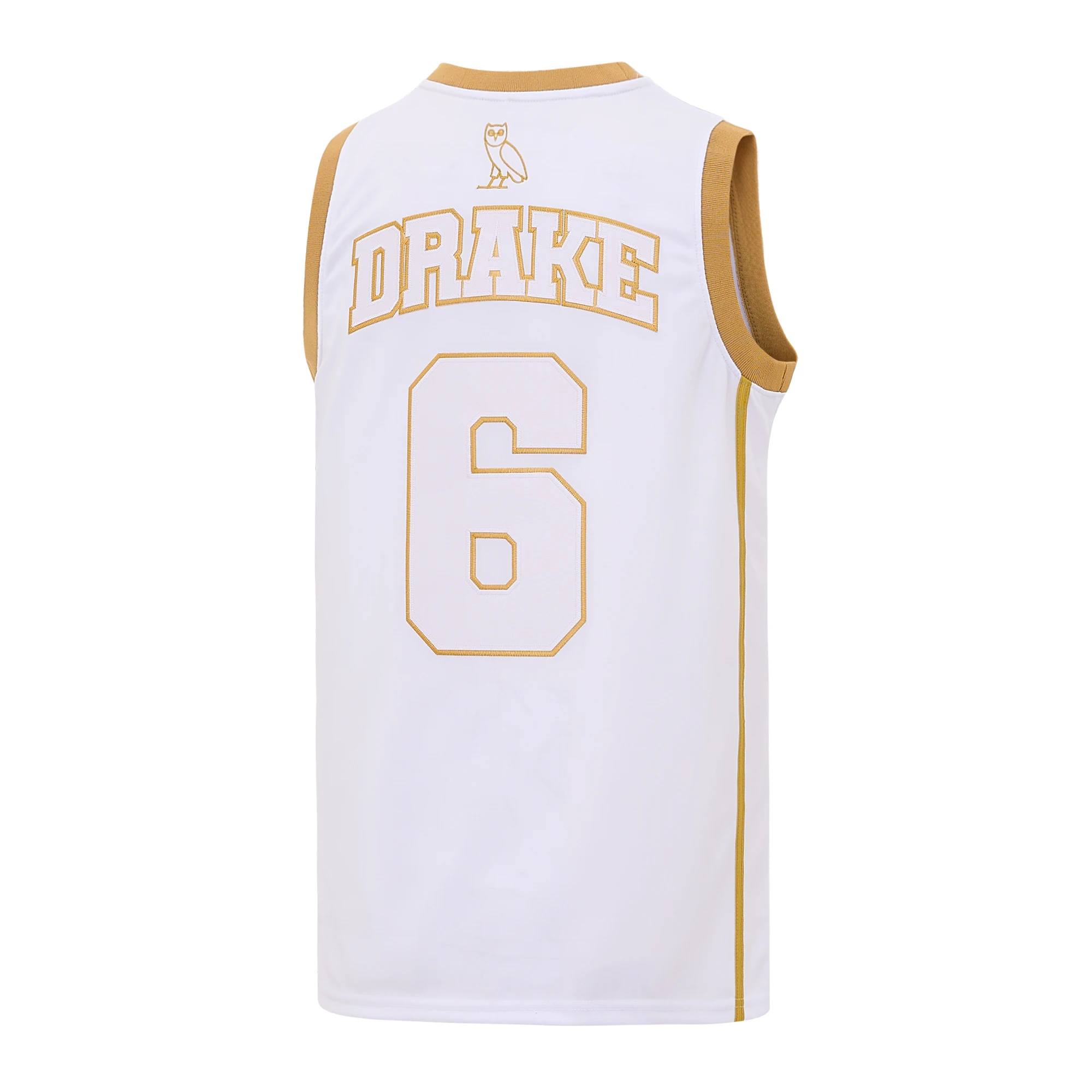 Men’s OVO Owl #6 White Gold Basketball Jersey,Full Embroidery Sports Tank Top Hip Hop Vintage Basketball Uniform Streetwear
