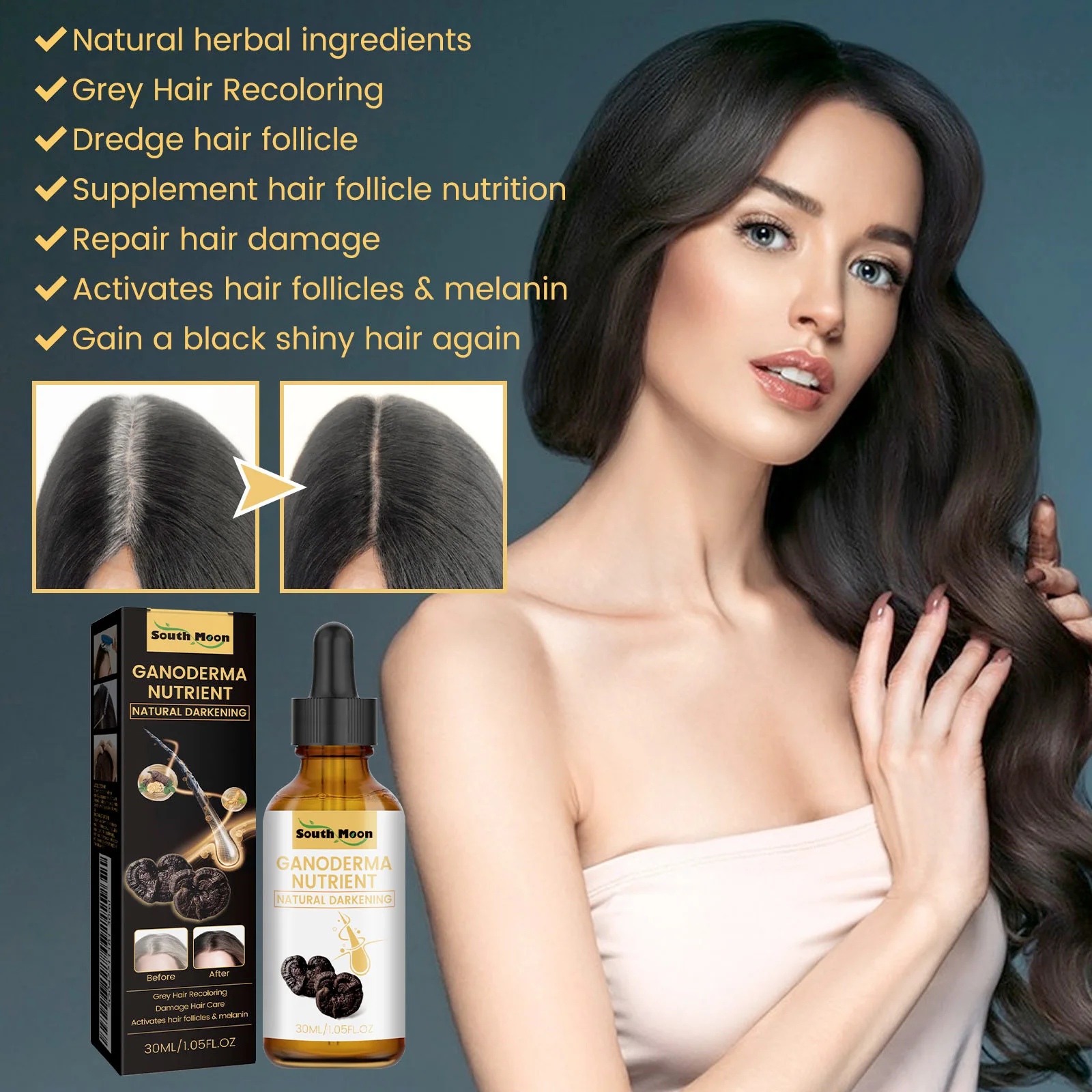 South Moon 30ml Ganoderma Darkening Hair Serum White To Black Repairing Nourish Moisturize Scalp Anti Greying Thicken Hair Serum