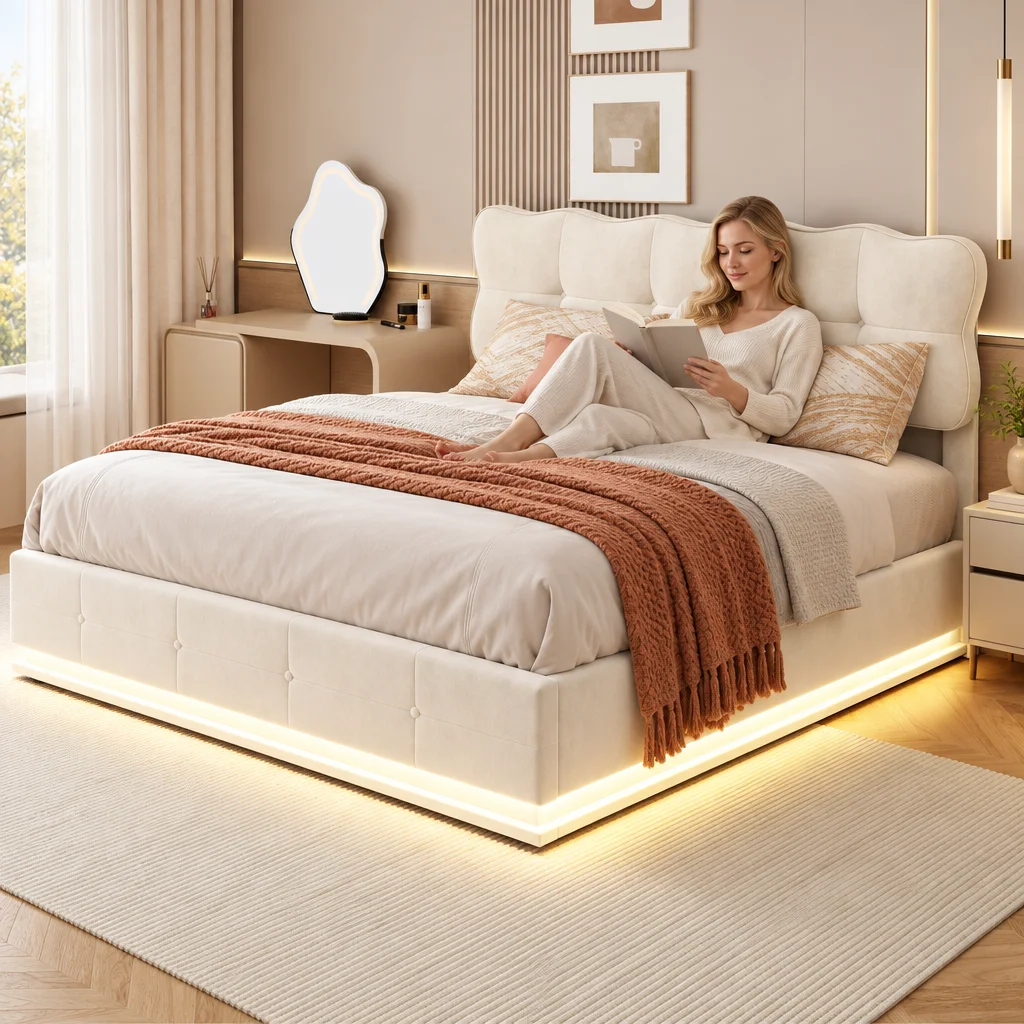 Anajqaqia Letto contenitore idraulico 160 x 200 cm, con testiera imbottita, in morbido velluto beige, per adulti, facile da montare per la camera da letto