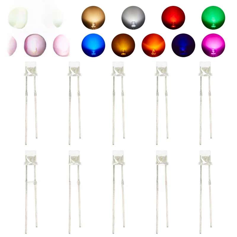 100 szt. 3mm 2 szpilki płaski top biały czerwony żółty niebieski zielony szerokokątny dioda elektroluminescencyjna lampa LED — zdjęcie 2
