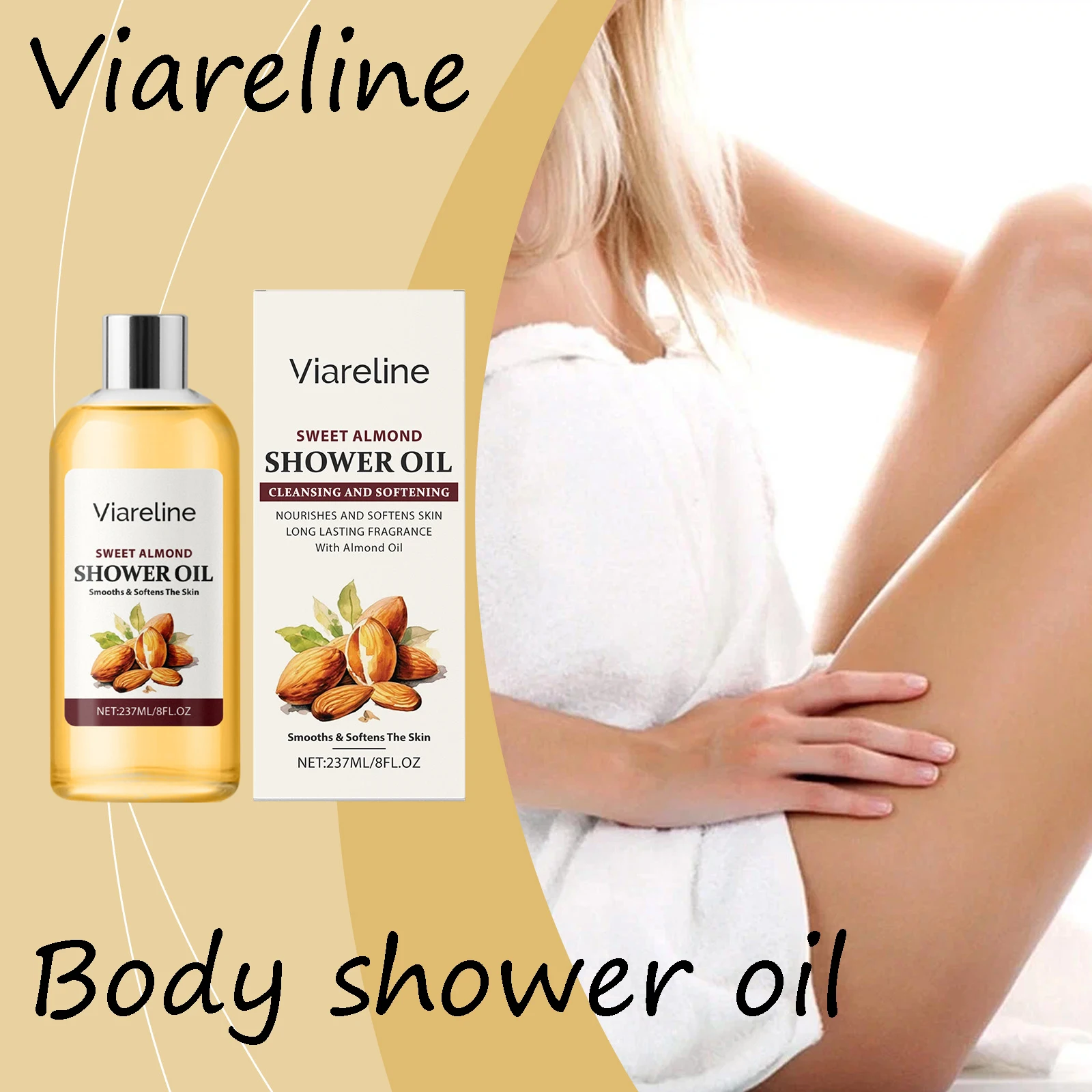 Minyak Mandi Badan Sweet Almond Mengangkat Sel Kulit Mati dengan Lembut, Aroma Tahan Lama, Mengurangi Kekeringan, Menghaluskan, Melembutkan, Minyak Pembersih Tubuh