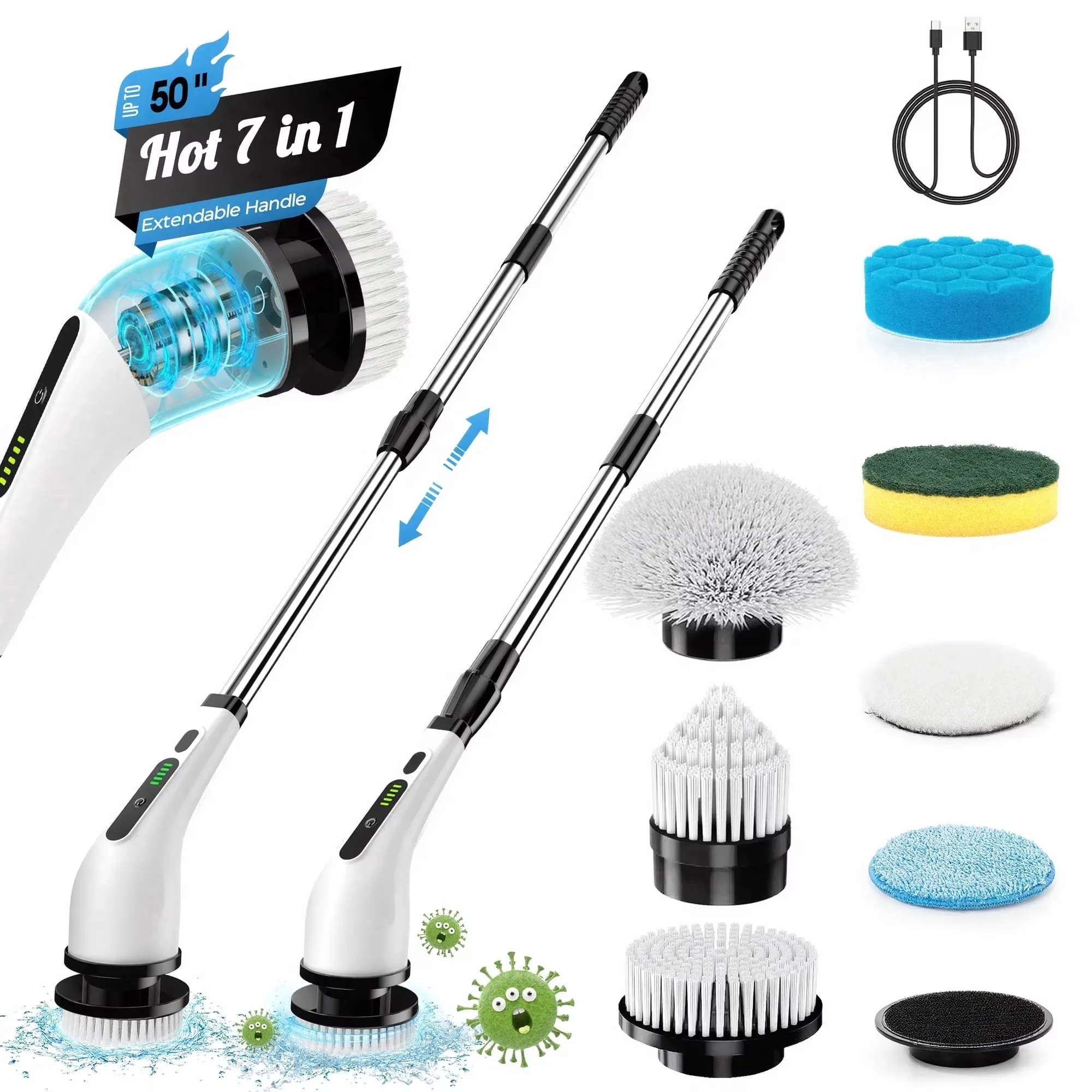 Cordless Electric Spin Scrubber Cleaning Brush, Multifunctional Bathroom & Kitchen Power Cleaner with Multiple Brush Heads