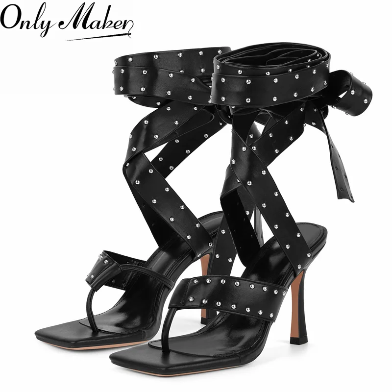 Onlymaker Square Toe Lace-Up Sexy Gladiator Thigh High Studded Wrap Straps Heels Thong Rivet Strappy Thin Heel Fashion Sandals