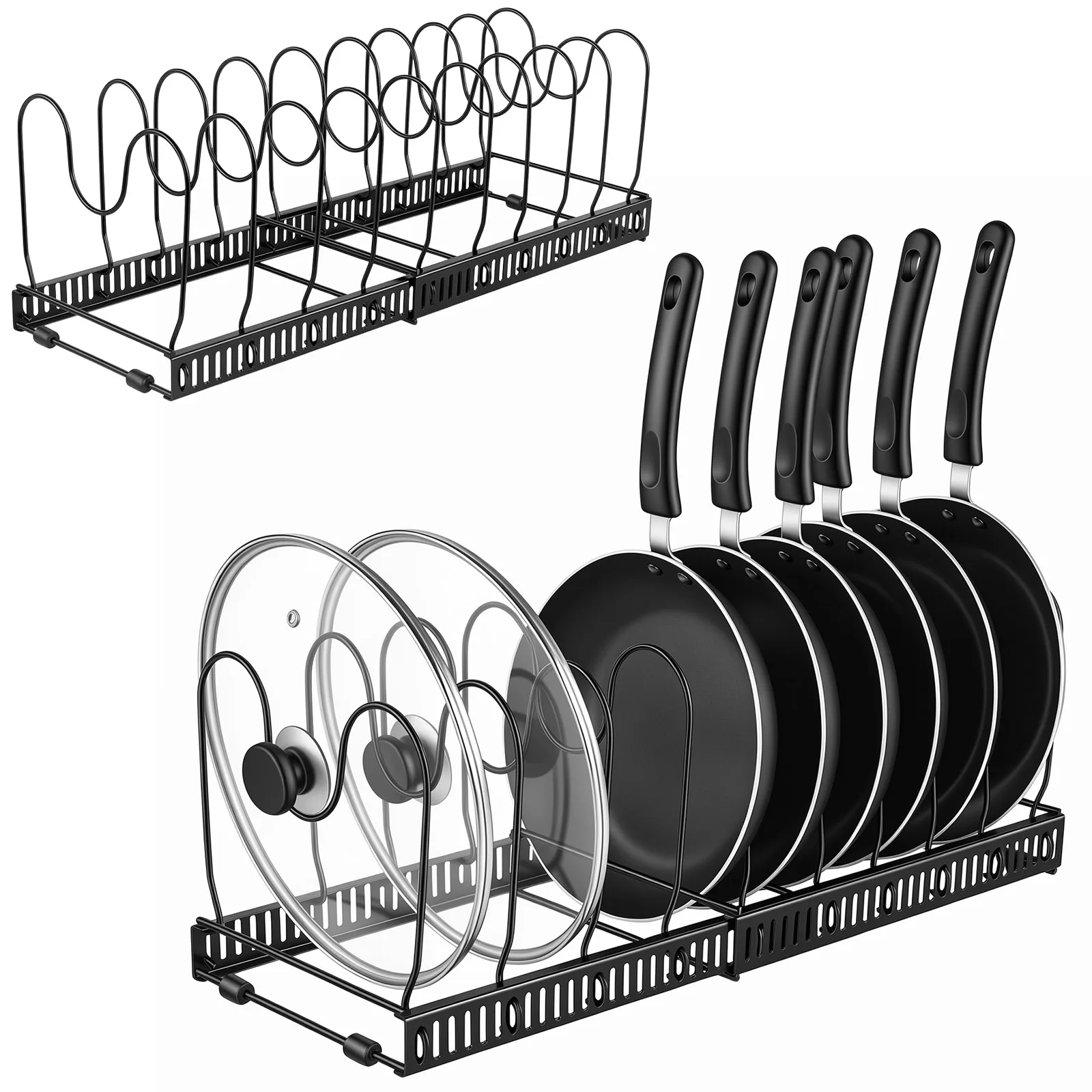 10-teiliger Verstellbarer Topfdeckelhalter, Erweiterbarer Pfannenorganizer für Küchenschränke – Platzsparende Aufbewahrung für Deckel, Pfannen, Schneidebretter