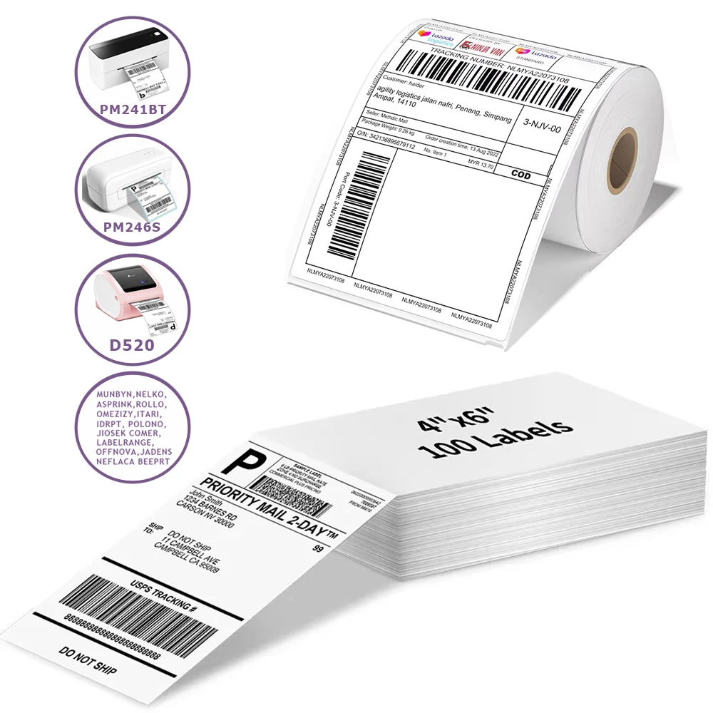 Phomemo A6 4x6 Inch Direct Thermal Labels 100 Labels Per Stacked - Shipping Label FanFold Paper For PM-241BT/D520 Waybill Printe