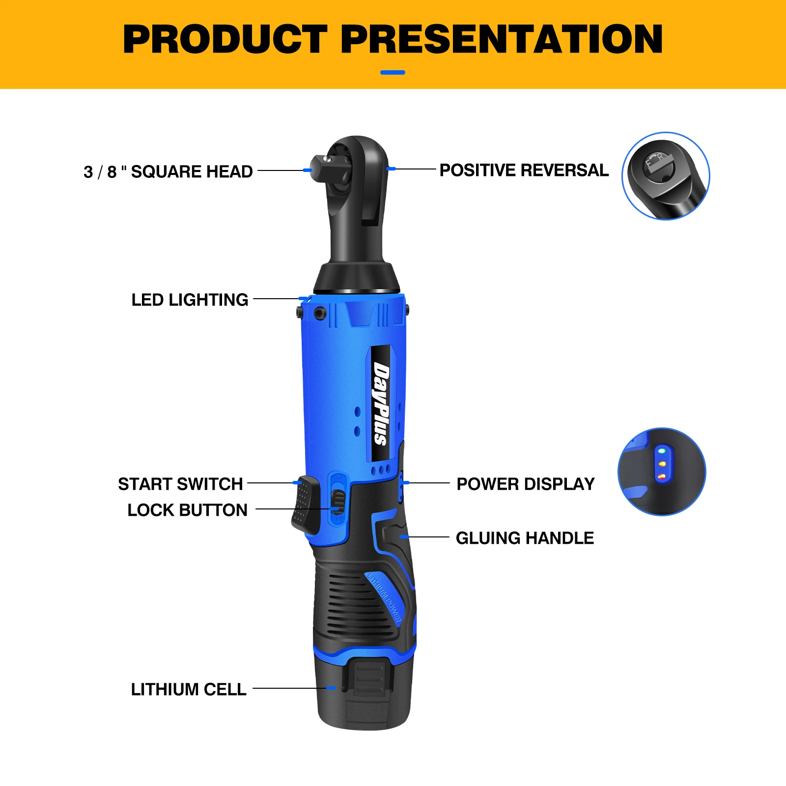 DAYPLUS Kit Chiave a Cricchetto Elettrica Senza Fili 12V 3/8", 2 Batterie da 1500mAh, Caricabatterie e 7 Bussole, Velocità Variabile 2300RPM per Riparazioni Auto e Montaggio Mobili - Blu