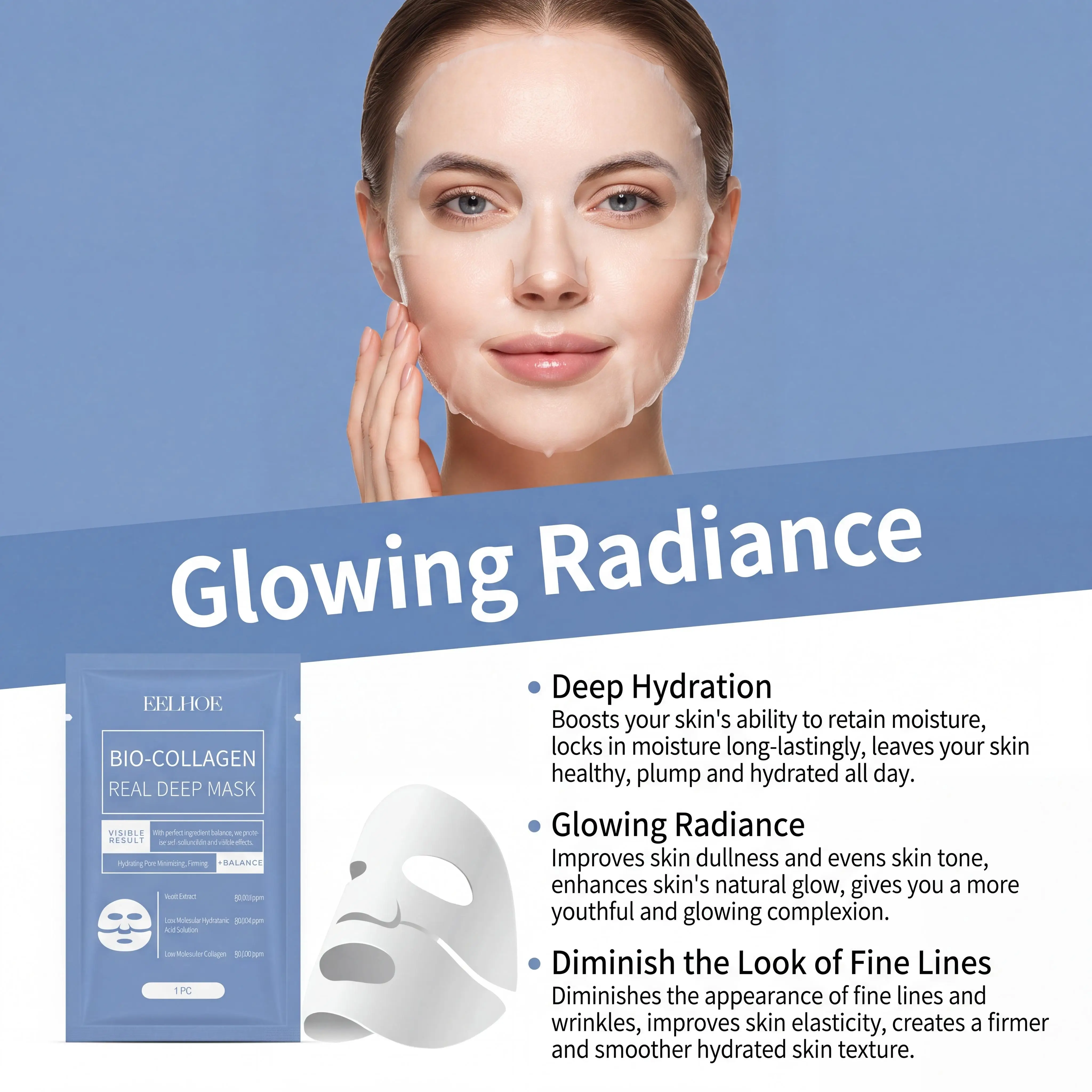 Eelhoe Bio Collagen Sheet Face Mask Hydrating Pore Minimizing Firming Yeast Extract Hyaluronic Acid Anti Aging Skin Care Treatment