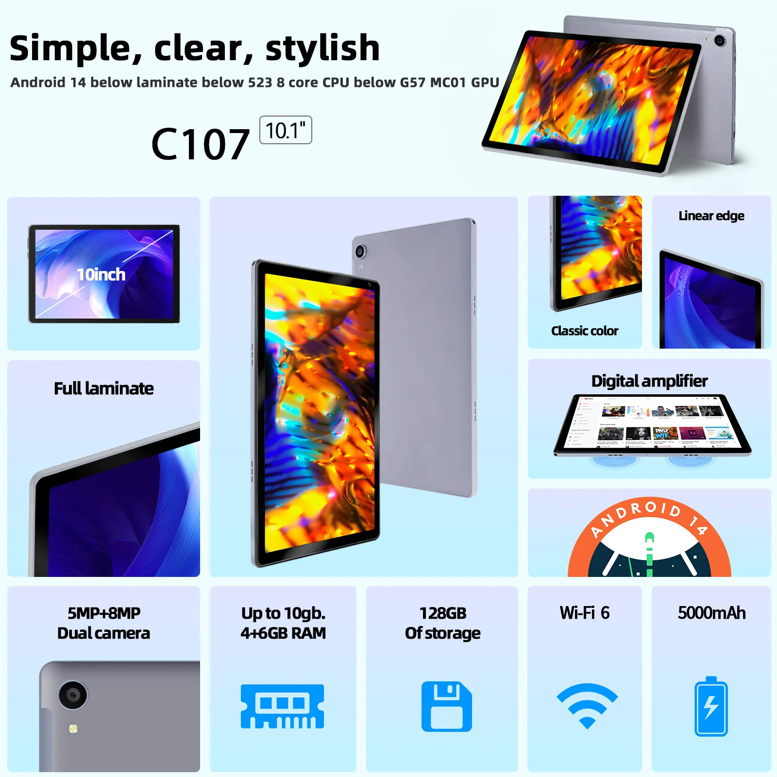 C107 Android 14 Tablet 10.1 Inch 10GB RAM 128GB ROM 1TB Expand Octa-Core Processor HD IPS Screen 8.0 MP Rear Camera WiFi6 PC Pad