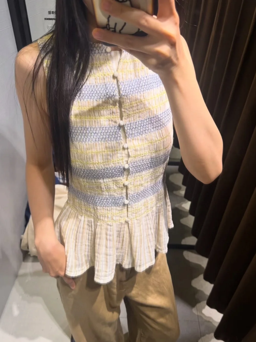 Womens Elegant Striped Shirred Smocked Top Sleeveless Button Up Peplum Shirt Casual French Cottagecore Summer Beach Wear Blusas