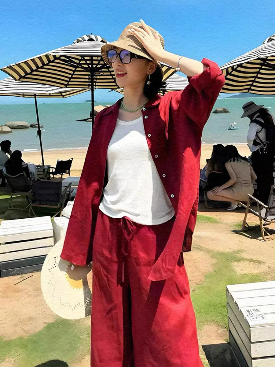 ชุดสูทกางเกงผ้าลินินสีพื้นเรียบหรูสำหรับผู้หญิงช่วงต้นฤดูใบไม้ร่วง
