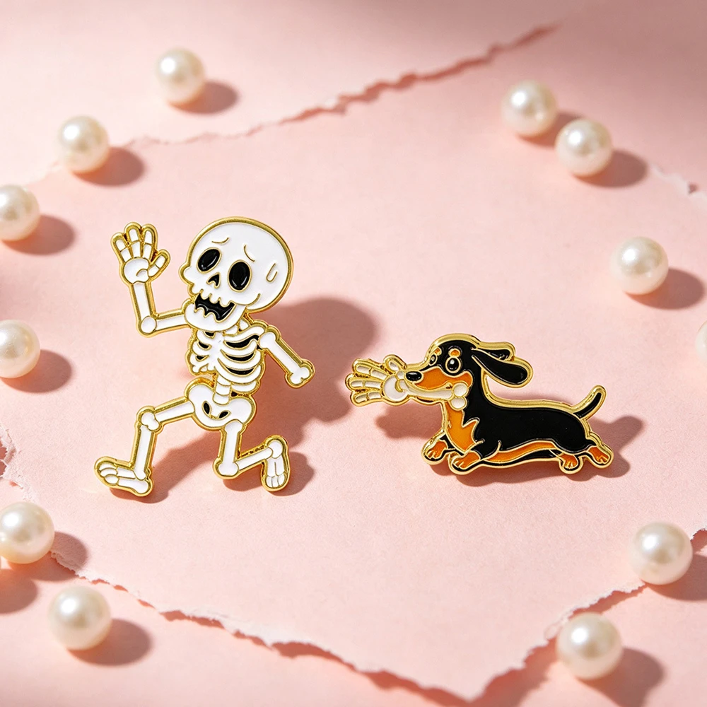 2-Pack of Fun Skull and Dog Enamel Pins, Horror Lapel Badge Pins, Cute Wiener Dog Humorous Decorative Pins, Halloween Gift