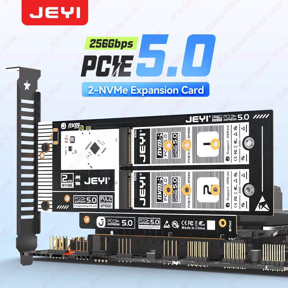 JEYI Two in One PCIe 5.0 to M.2 NVMe Adapter Card 256Gbps Supports X8/X16 Slot for 2280/60/42/30 NVME SSD Support RAID 0