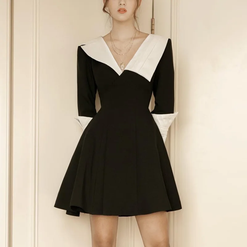 

women's elegant colorblock v neck 3/4 sleeve a-line mini dress casual waisted swing dress