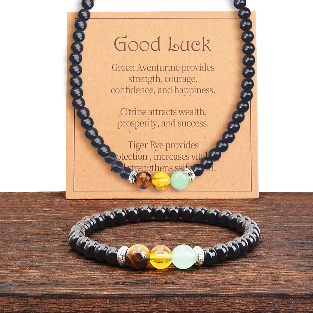 2pcs/set Obsidian Hematite Natural Stone Bracelet Necklace Set