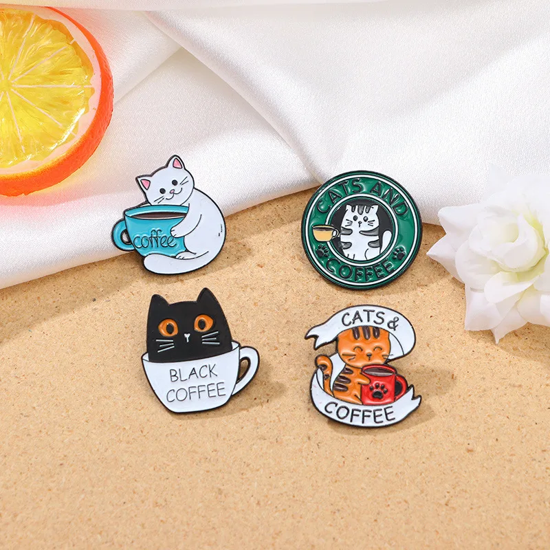 Cartoon Letter Coffee Cup Cat Enamel Brooch Cute Creative Backpack Clothing Accessories Decoration Alloy Lapel Pin Badge