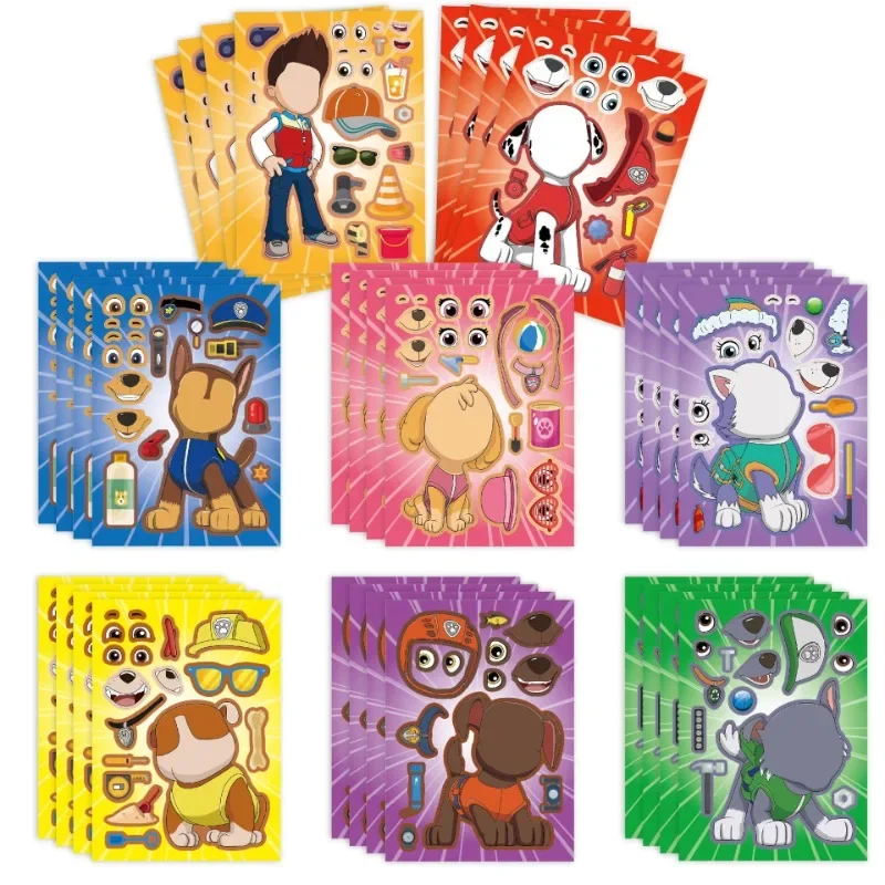 8 feuilles Paw Patrol Ryder Anime autocollants faire un visage assembler drôle Chase bricolage décalcomanie assembler puzzle enfants fille cadeau d'anniversaire