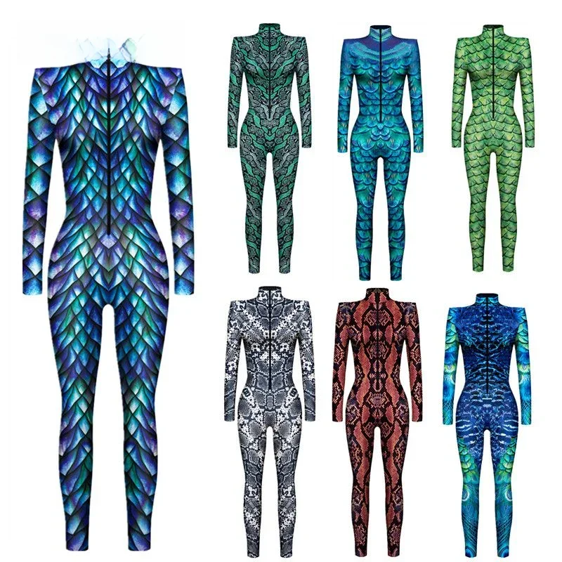 Combinaison Mince Sexy pour Femme, Costume Cosplay, Écailles d'Animaux, Plume de Paon, Peau de Salle, Peau Intéressante, Punk, Gothique, Halloween, Batterie livraison gratuite