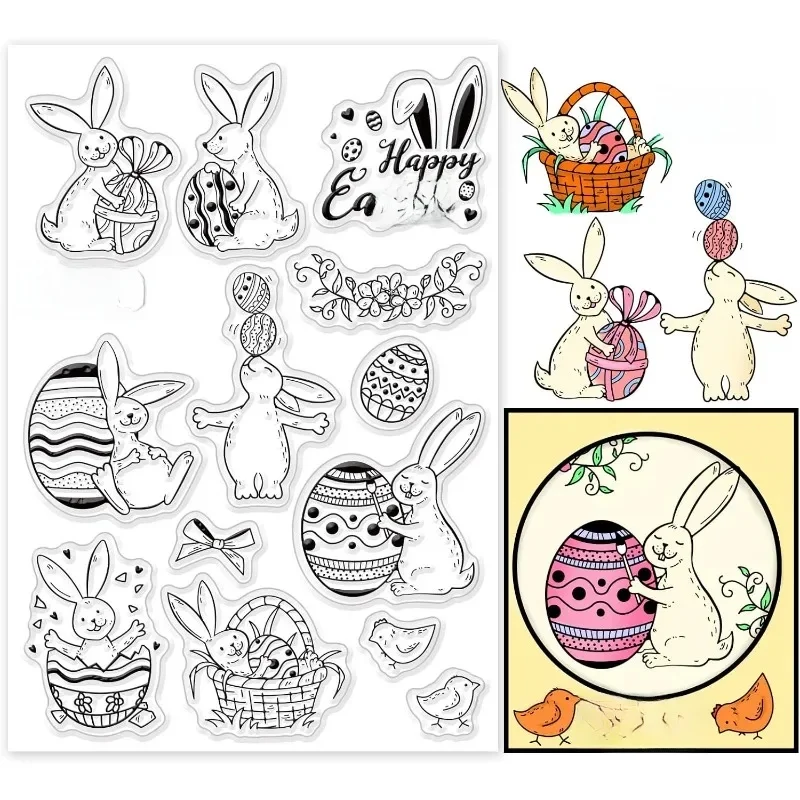 1Sheet Easter Clear Stamps Rabbit Wreath Egg Silicone Stamps Bunny Transparent Seal Stamps Film Frame Clear Stamp Seal for Paper — zdjęcie 2