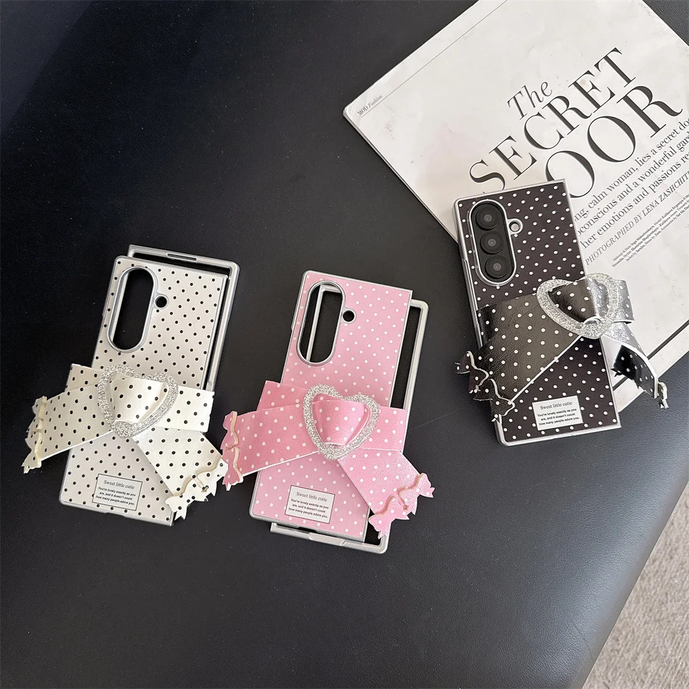 Korean Polka Dot Lovely Bowknot Phone case for Samsung Galaxy Z Fold 8 7 6 5 4 Fold7 8Ultra Fold 6 Cover With Wrist Strap Cases