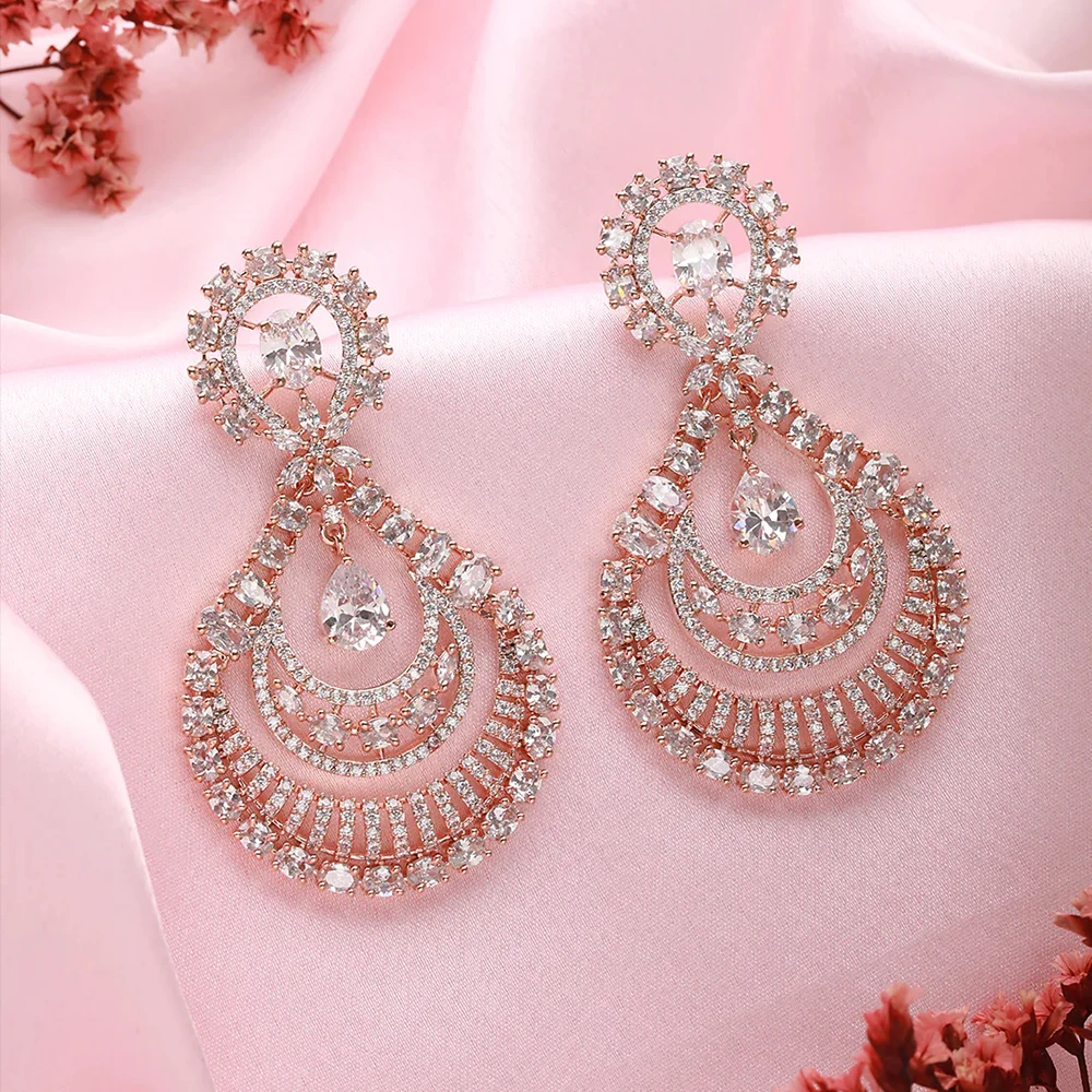 Ethnical Zircon Long Chandbali Earrings Piercing Indian Tribal Jewelry Luxury Boho Hollow Bridal Dangle Earrings Ceremony Gift