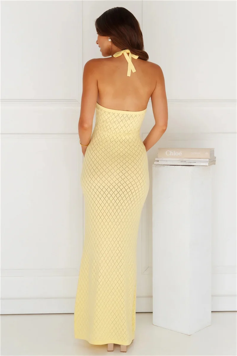 女性の背中の開いたハイスリットロング包帯ニットドレスかぎ針編みビキニカバーアップセクシーなオフショルダー夏水着女性水着