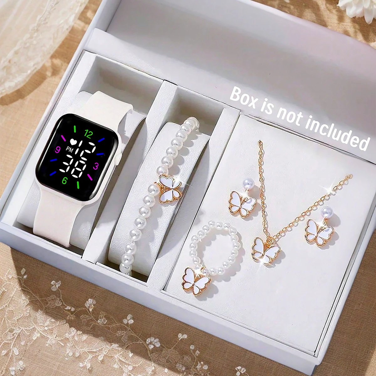 6-Piece Set of Elegant and Fashionable Women's Electronic Watches with Colorful Lights, Beaded Butterfly Pendant Jewelry, Romantic Birthday Gift