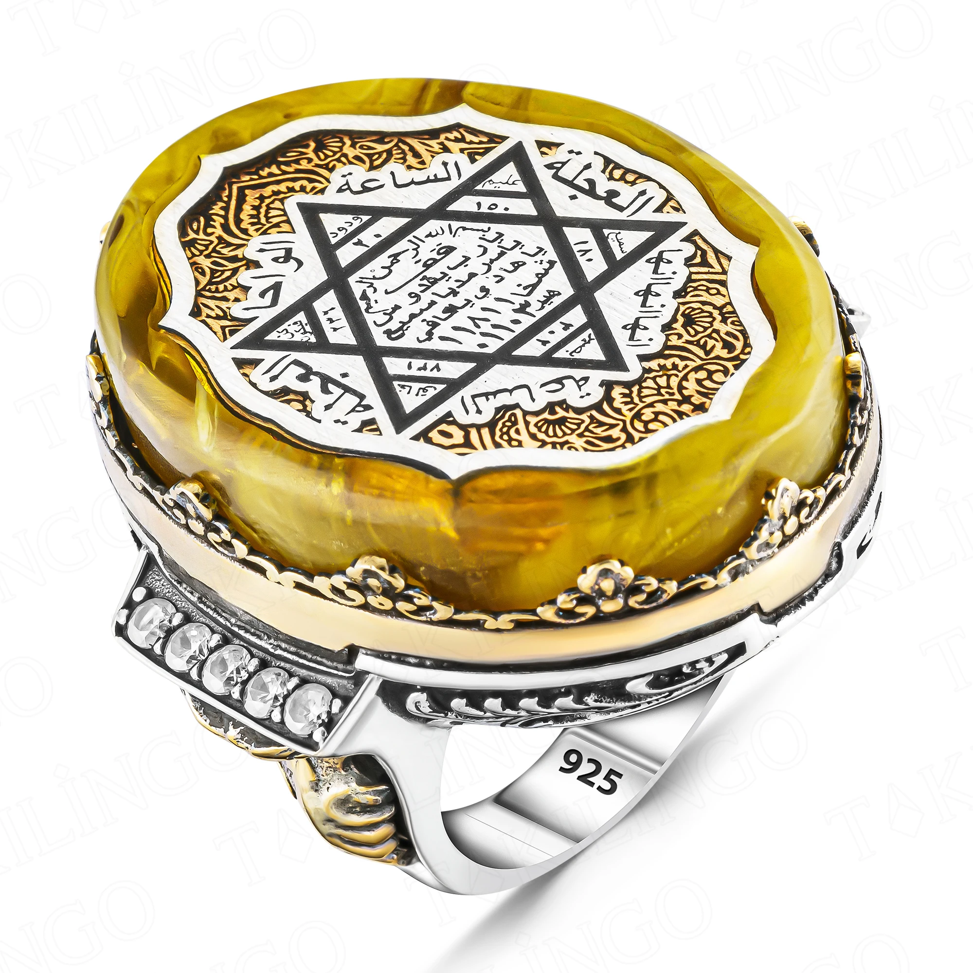 925 Sterling Silver Huge Seals of The Seven Archangels Amber Stone Mens Ring, Huge Seal Of Solomon Kabbalah Ring,Amulet Ring