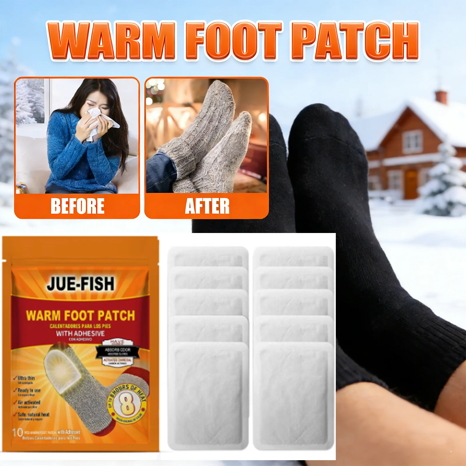 

JUE FISH 10 шт. согревающих пластырей для ног, ультратонкие, готовые к использованию, активируются воздухом, натуральное тепло, быстрый рост температуры, длительное сохранение тепла.