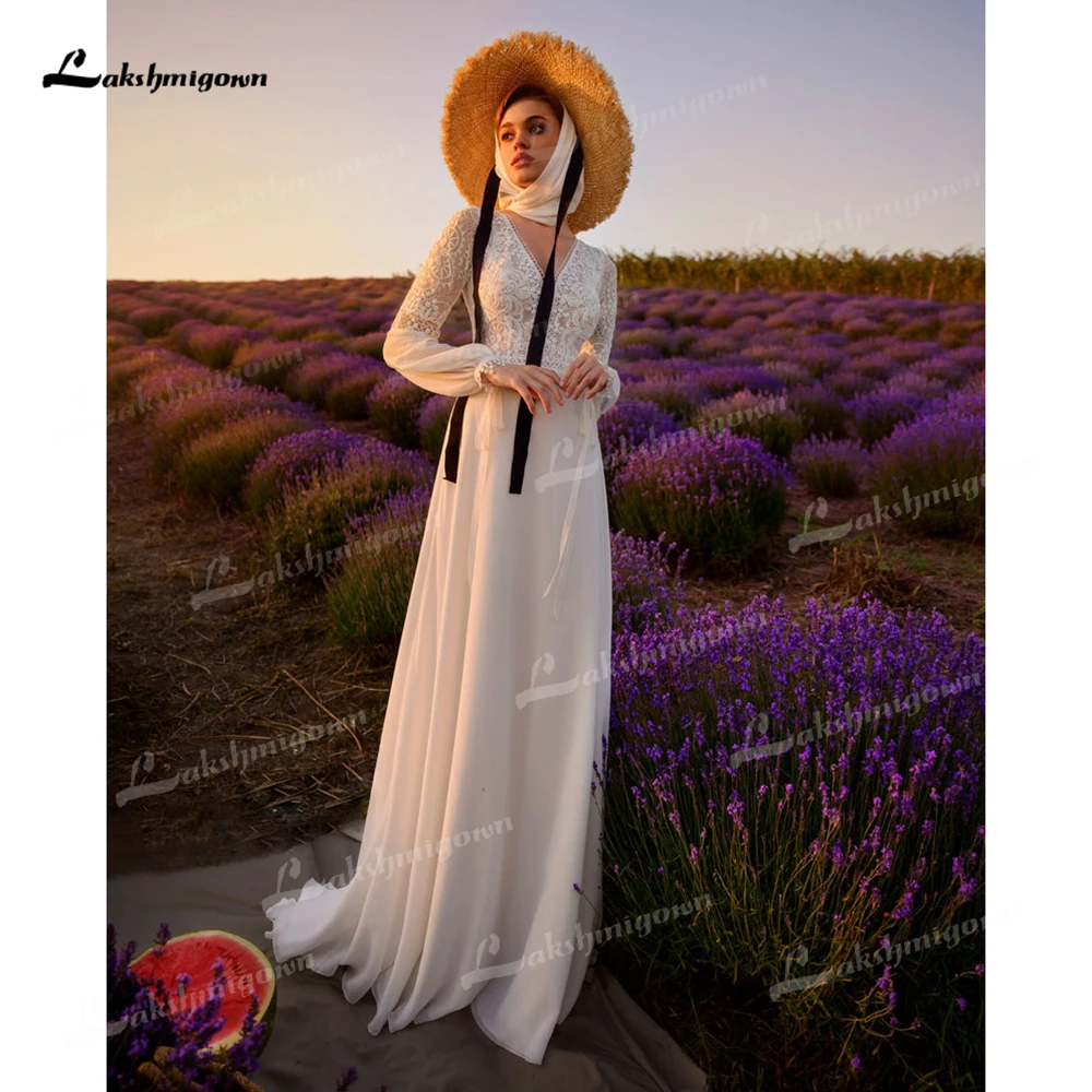 Yanshmigown-Robe de mariée trapèze en mousseline de soie pour femme, Boho, Col en V, Manches bouffantes, Bouton au dos, Personnalisé, Patients, Quelle que soit la tenue éducative