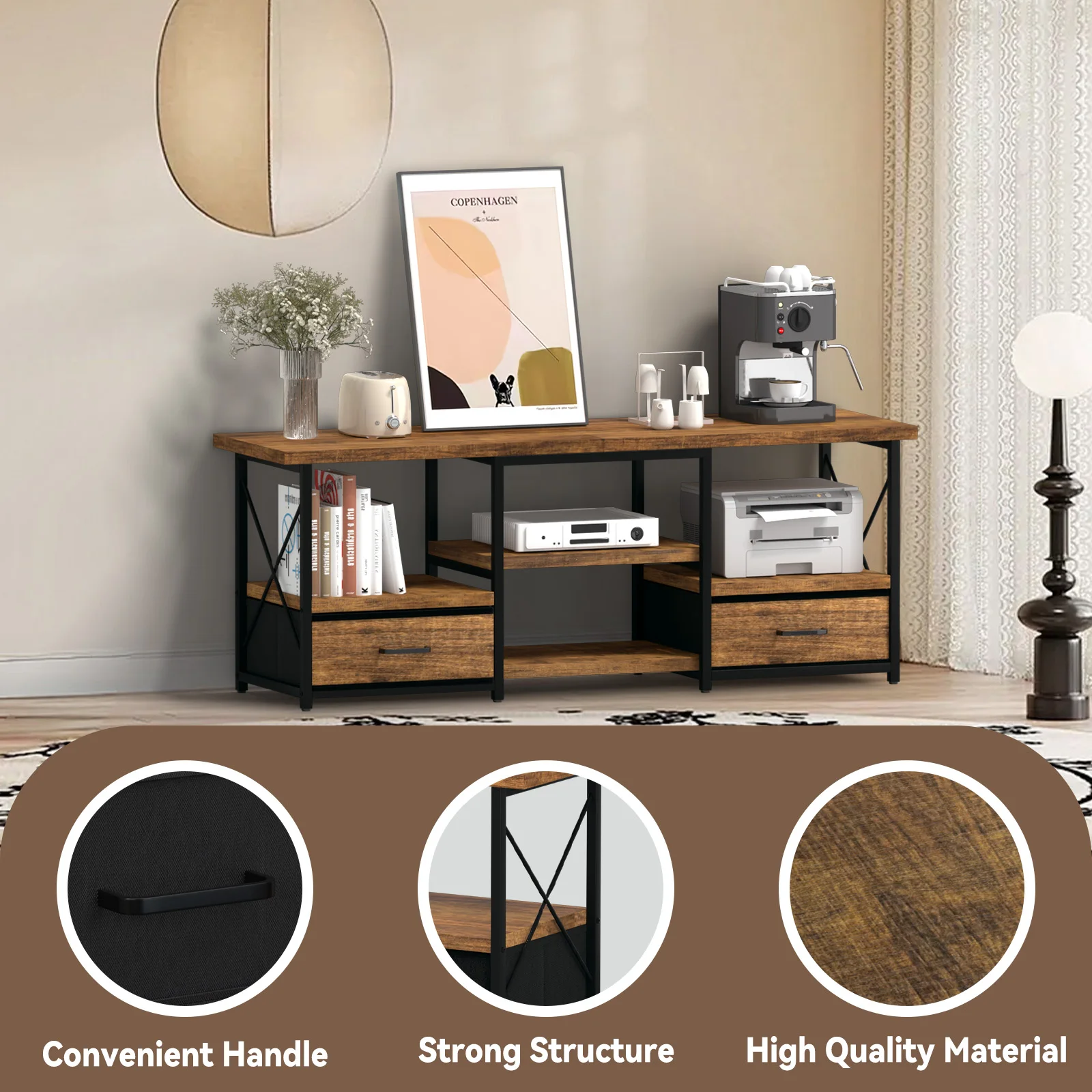 Brown TV Stand com tecido gavetas, 55"