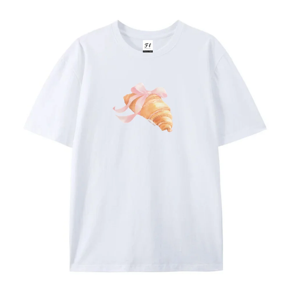 Unisex Pure Cotton T shirt Croissant Pattern Artistic Cute Loose Short Sleeved Cute FashionableSummer Wear Trendy Cool Top