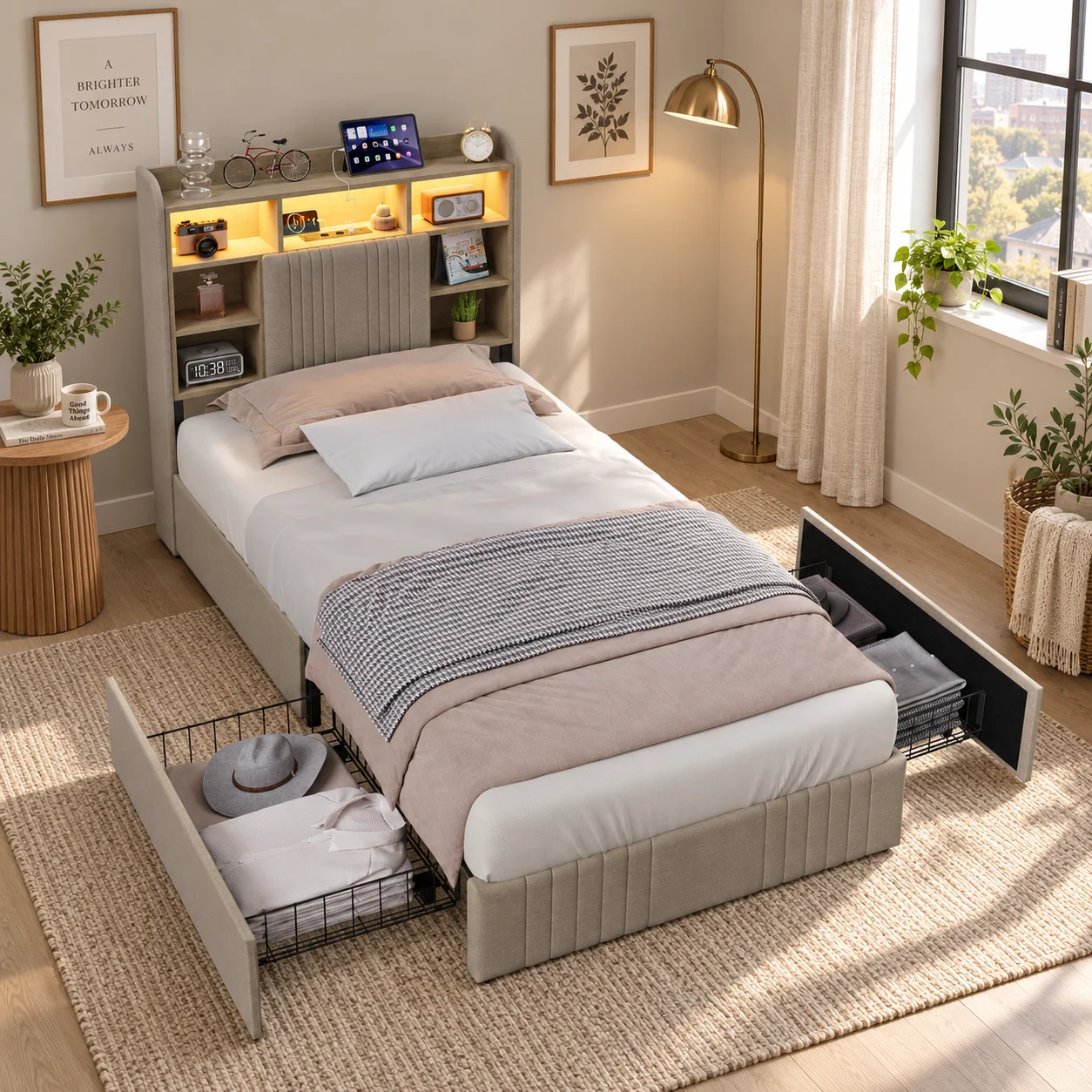 Struttura letto imbottita in lino, colore beige/grigio, dimensioni 90 x 200 cm, letto singolo con testiera integrata e ripiani, e 4 cassetti estraibili per riporre oggetti.