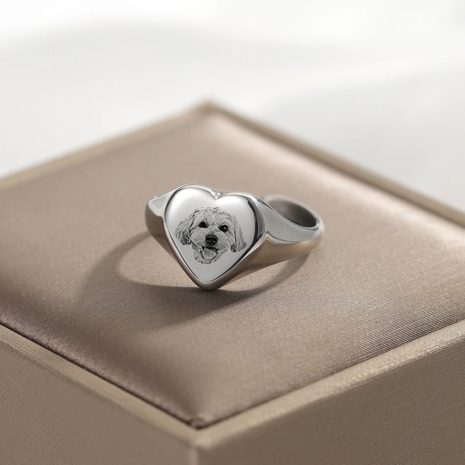 Custom Pet Photo Engraved Portrait Ring Personalized Signet Minimalist Souvenirs Picture Heart Stainless Steel Engraved Ring