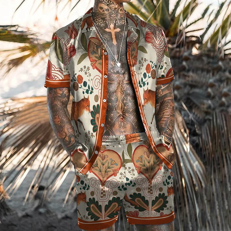 Men Shirt Sets 3d Print Retro Ethnic Style Floral Short Sleeve Casual Oversized Beach Shorts Summer Streetwear Hawaiian Suits