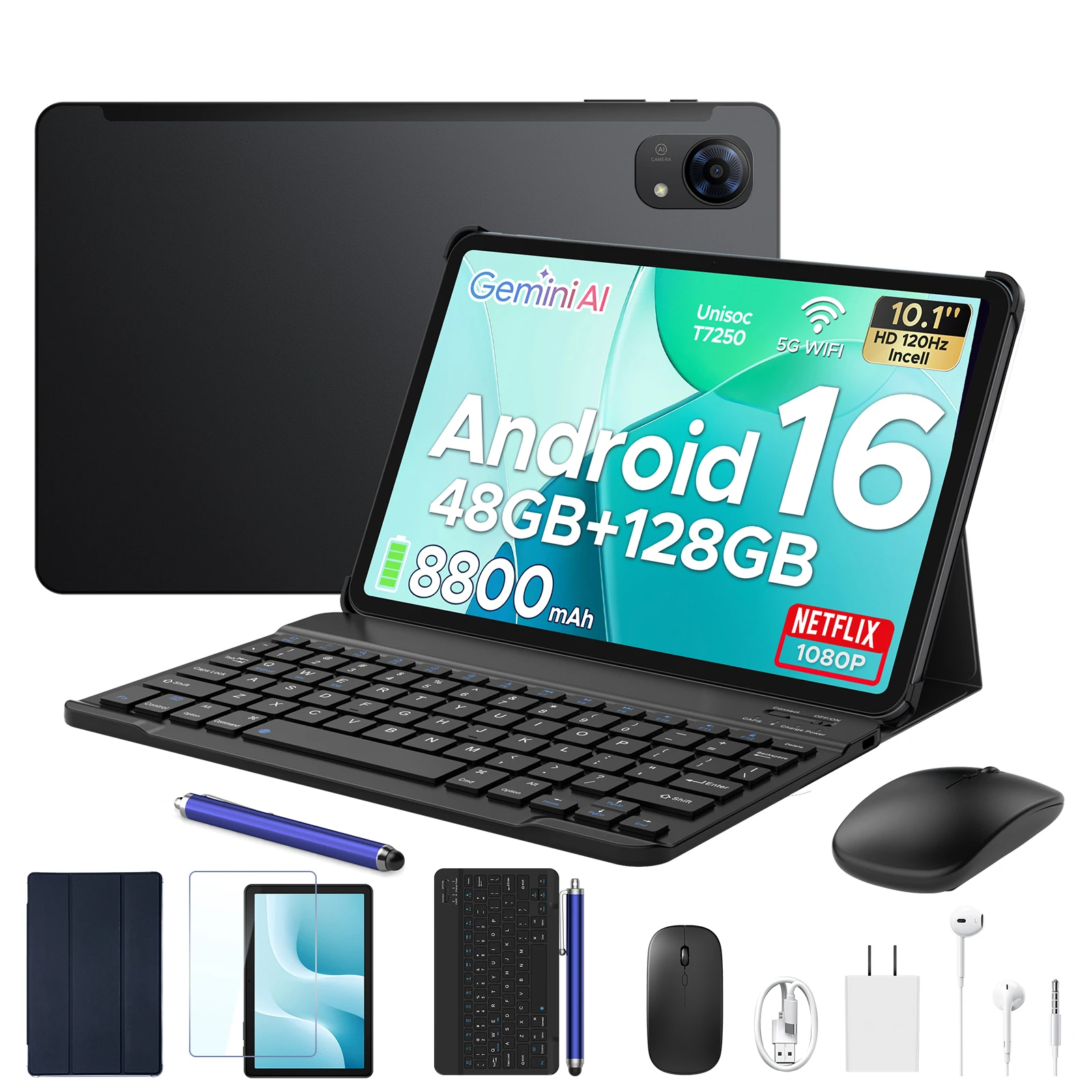 POCKAM P10 Android 16 Tablet 10.1" 90Hz Display Gemini AI 48GB RAM (8+40) 128GB ROM 7000mAh Battery T310 Tablet PC with Keyboard