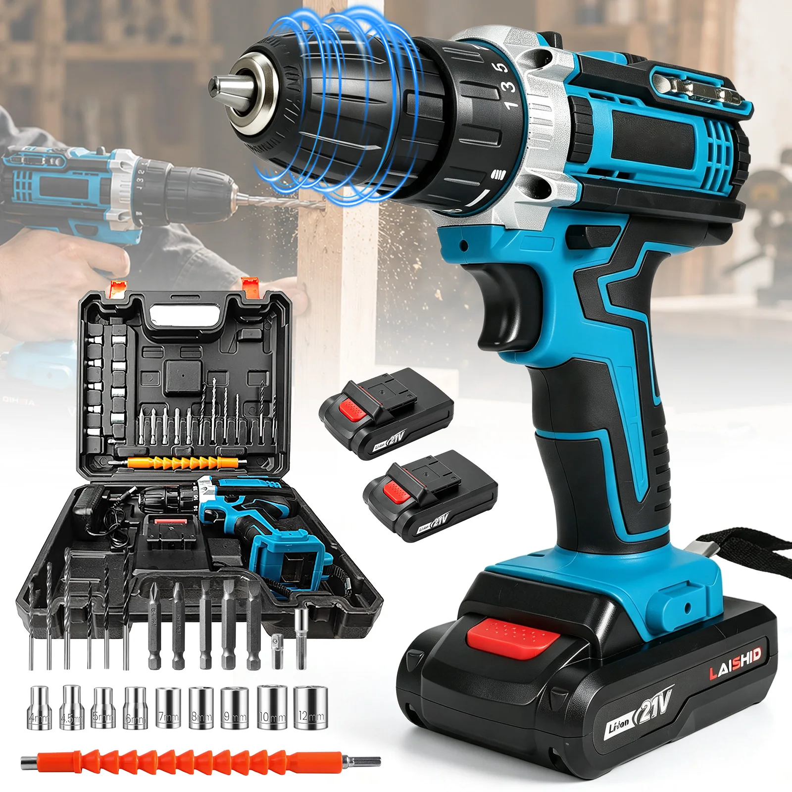 Taladro Inalámbrico de 21V, Atornillador Eléctrico con Torque de 32N·m y 2 Velocidades 0-350/0-1350RPM, Taladro Recargable con Brocas para