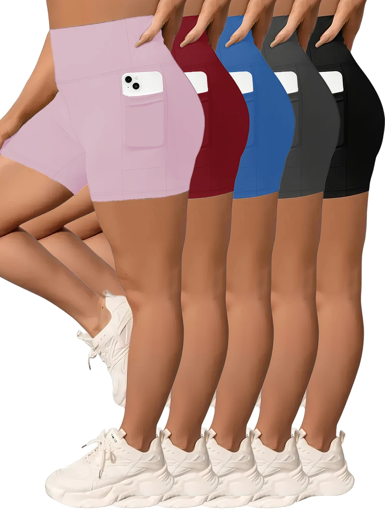 

5PC Somen's High-Waisted Biker Shorts, Equipped with Dual Pockets, Tummy Control, Quick-Dry, Butt-Lifting for Spin Class Yoga