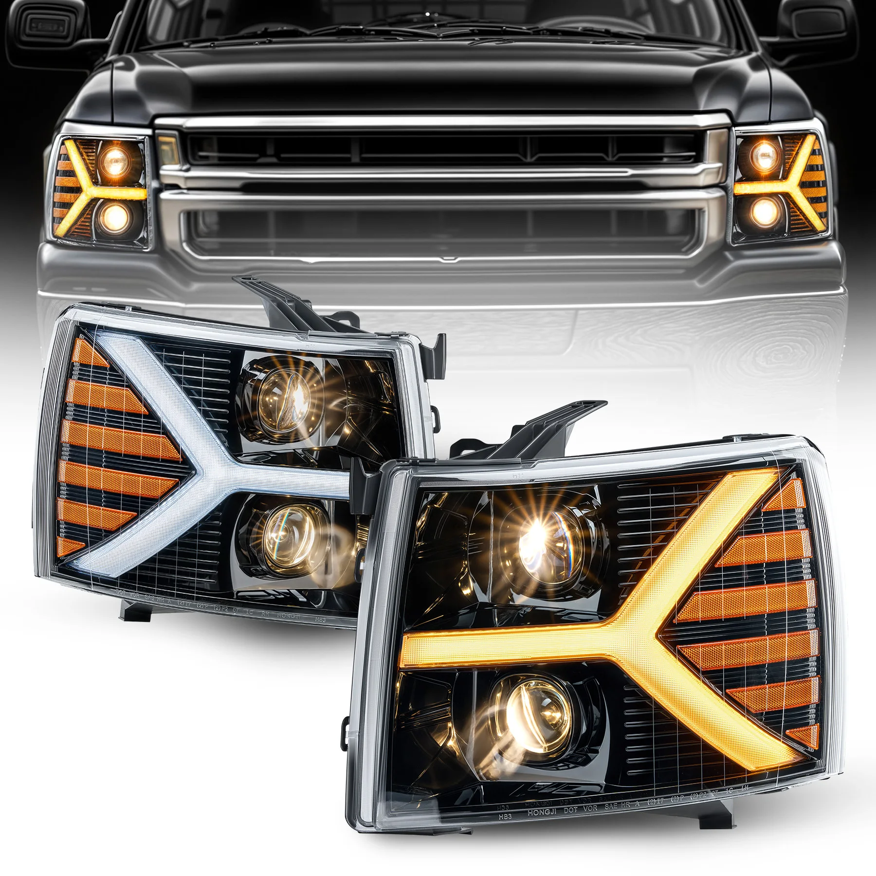 

VRC Black Housing For 2007-2013 Chevy Silverado 1500 2500HD 3500HD LED DRL Switchback Halo Projector Headlights