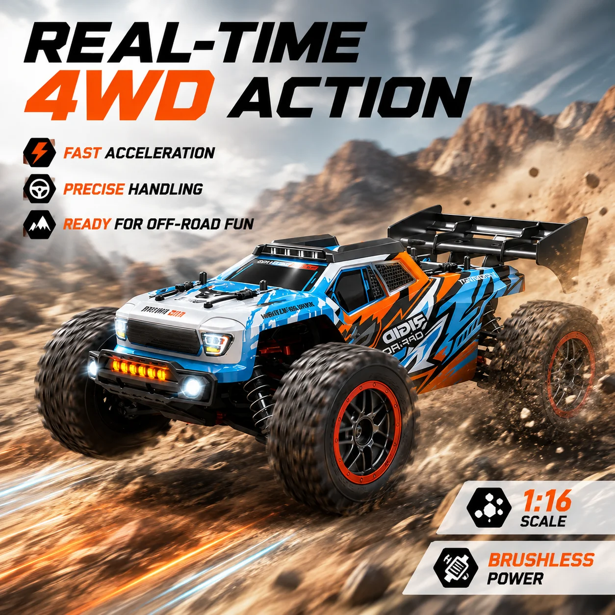 1:16 RC Offroad-Buggy mit rutschfesten Reifen, einstellbaren Stoßdämpfern, aerodynamischem Flügel, Schnellwechselmotor und Geländewagen-Funktion