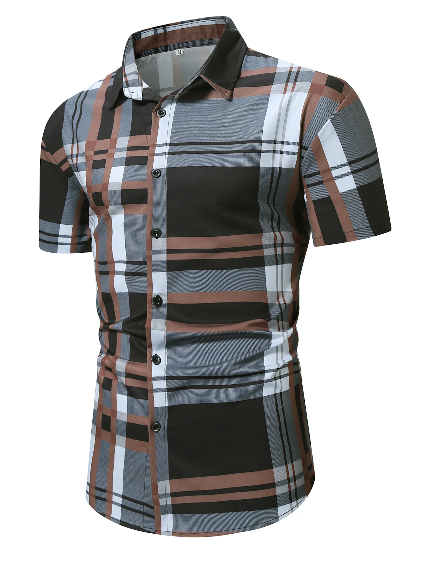 Plaid Pattern Men\'s Retro Color Block Short Sleeve Button Up Shirt ForSummer Resort Vacation