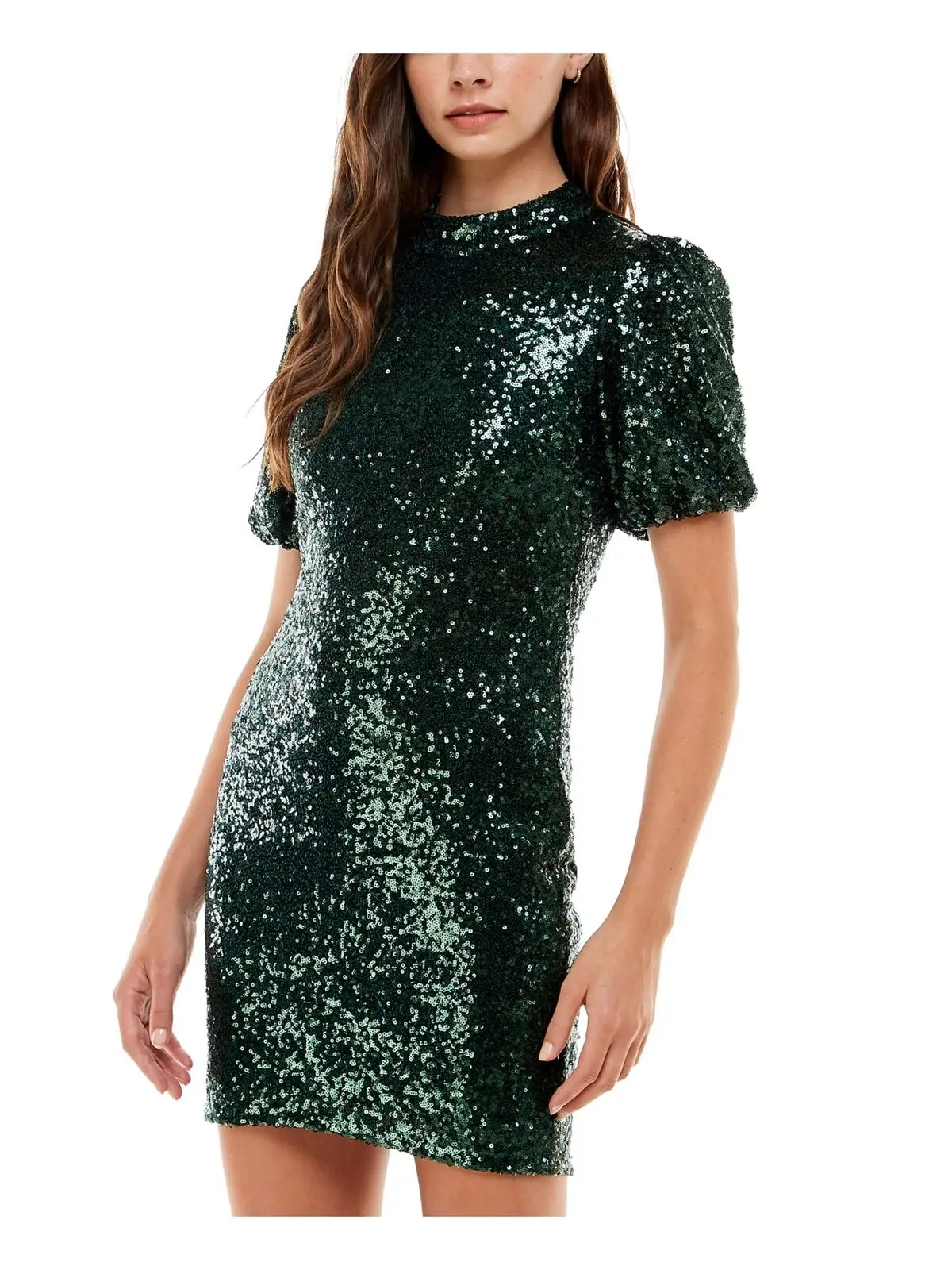 Womens Green Stretch Zippered Sequined Cutout-Back Lined Pouf Sleeve Mock Neck Mini Party Body Con Dress