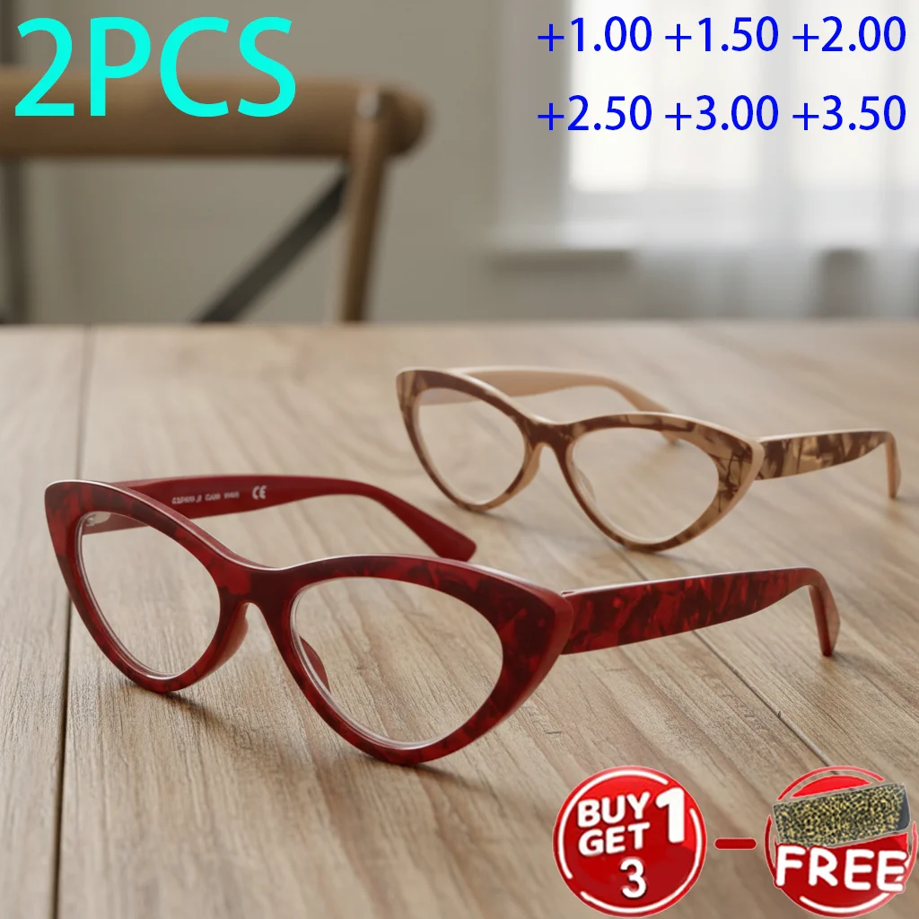 2 Stück Cateye Lesebrille für Damen Trendiger Schildpatt-Rahmen mit Federscharnier Dioptrien +1,0 bis +3,5 Elegante Sehhilfe