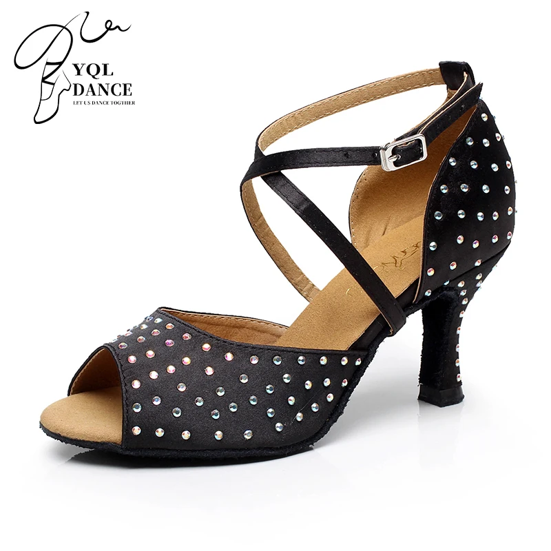 

Woman Rhinestne Latin Ballroom Dance Shoes Black Suede Leather Rhinesone Kizomba Samba Salsa Dancing Shoes for Wedding Party