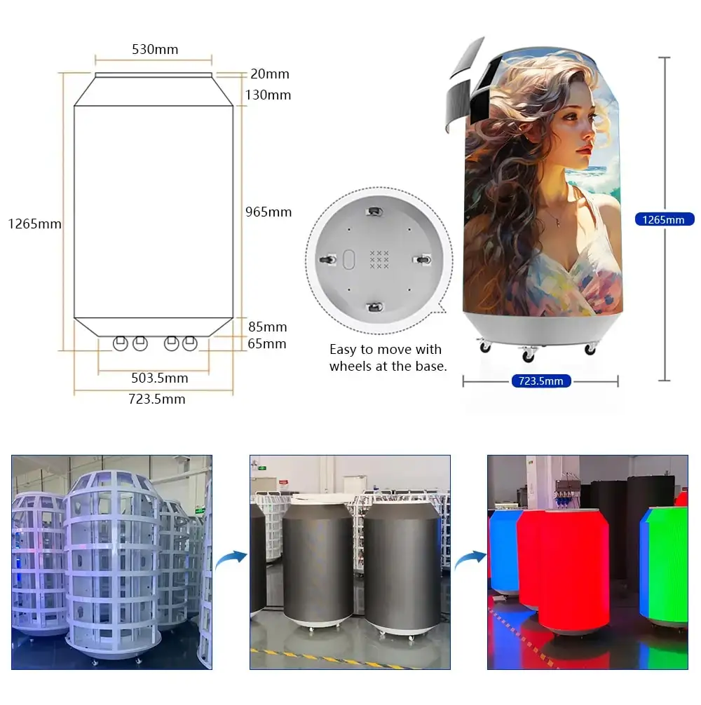 Round Can Shape LED Screen P1.8 Pop Cans LED Display Custom Creative Ring-pull Can LED Screen HD P2 LED Beer Bottle Display