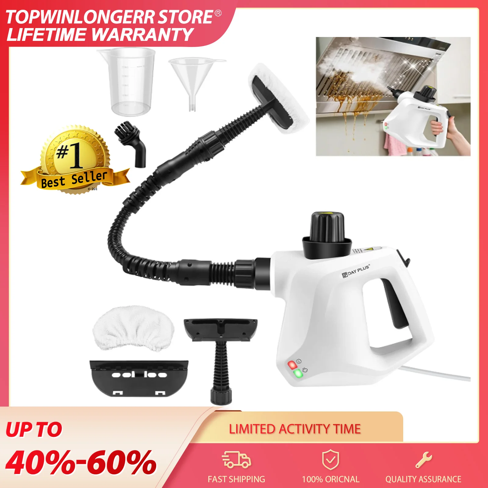 Nettoyeur vapeur portable, 9 accessoires, verrou de sécurité, 400 ml, multifonctionnel pour le nettoyage de la cuisine, de la salle de bain, des joints et des fenêtres