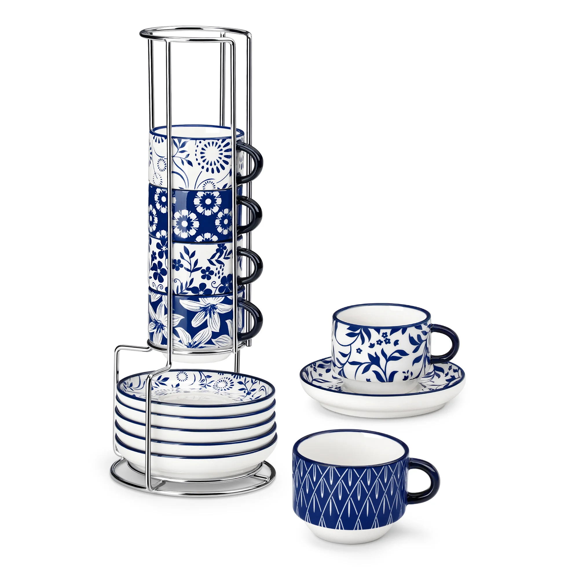 vancasso 6/12-teiliges 2,5/4/8 OZ Weißes Porzellan-Tassenset mit Untertassen und Metallständer, 6er-Set für Espresso, Cappuccino, Latte, Tee